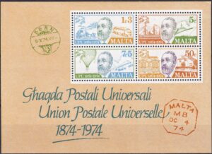 Malta 1974 – UPU 1874–1974 – Miniark på førstedagsbrev (FDC)