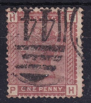 Storbritannien 1 Penny Lilac – Dronning Victoria, bogstaver PH, stemplet