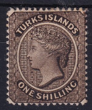 Turks Islands 1881 – 1 Shilling brun, Dronning Victoria, klassisk kolonimærke