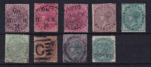 Britisk Indien – lot med 9 klassiske Victoria-udgaver inkl. officielle overtryk og tjenestemærker