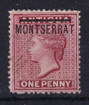 Montserrat 1 penny overtryk på Antigua-frimærke – klassisk kolonimærke