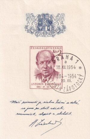 Tjekkoslovakiet 1954 – Antonín Zápotocký, mindeark med særstempel