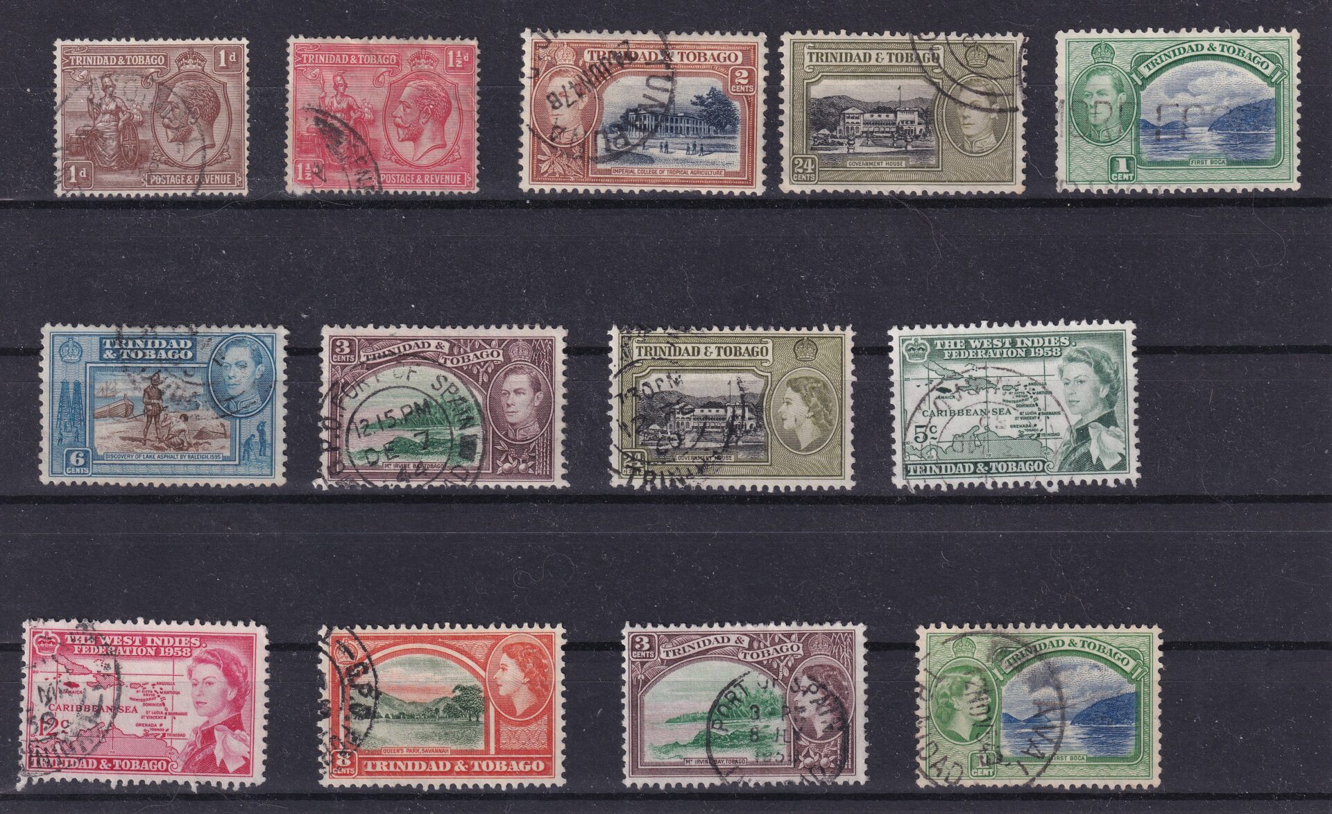 Trinidad & Tobago – lot med 13 klassiske frimærker fra George V, George VI og Elizabeth II
