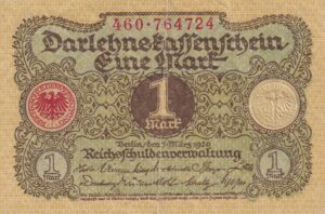 Tyskland – 1 Mark 1920 – Darlehnskassenschein (Lånekasseseddel)