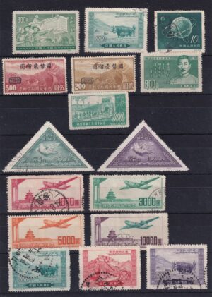Kina – 16 ældre frimærker, bl.a. Tibet, luftpost og fredsduer