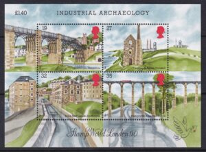 Storbritannien 1989 – Industriel arkæologi – Frimærkeblok med fire mærker – Stamp World London 90